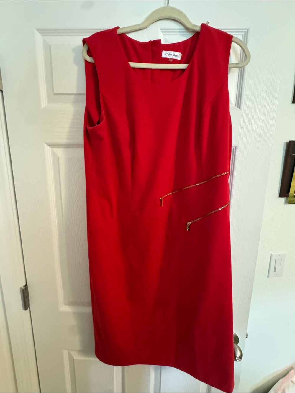 Calvin Klein Red Sleeveless Midi Dress with Gold Zipper Accents